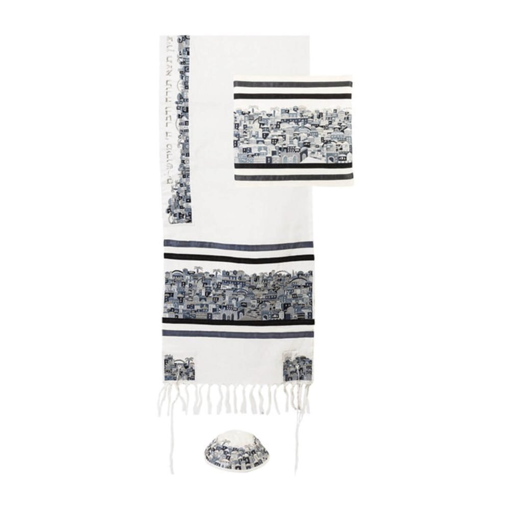 Embroidered Tallit Set – Jerusalem In Black And Gray