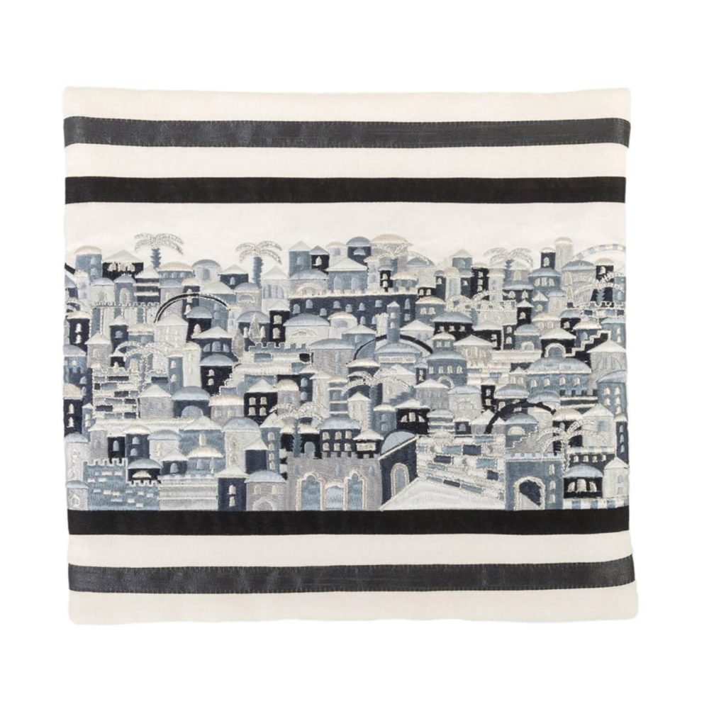 Black-Talit-bag-2-5.jpg Embroidered Tallit Set – Jerusalem In Black And Gray